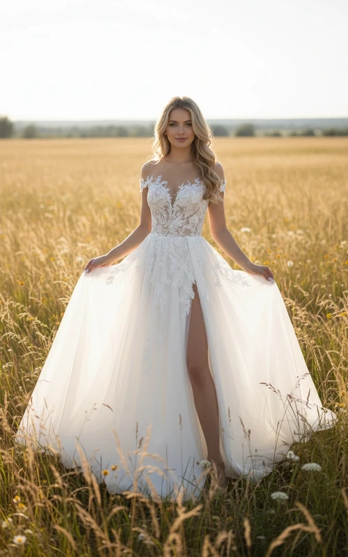 Ländliches schulterfreies Tüll-Hochzeitskleid mit hohem Schlitz und Spitze