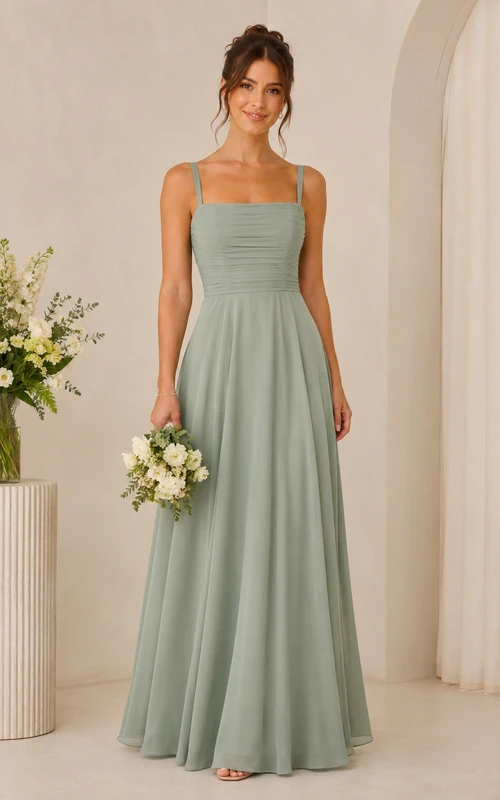 Robe de demoiselle d'honneur en mousseline de soie, col carré, coupe trapèze, couleur sauge
