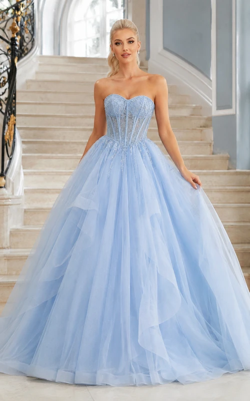 Corsé azul cielo, sin tirantes, escote corazón, tul, volantes en cascada, vestido de gala largo hasta el suelo, etéreo, quinceañera, graduación