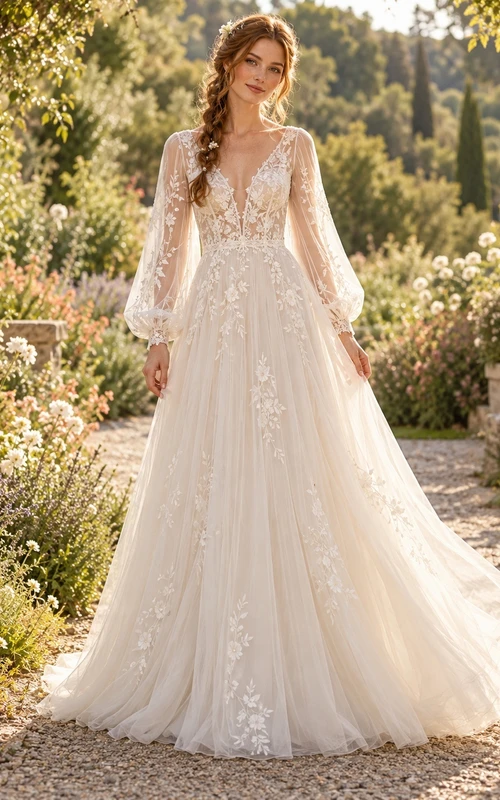 Boho Long Poet Sleeve V-neck Floral Tulle A-Line Wedding Dress
