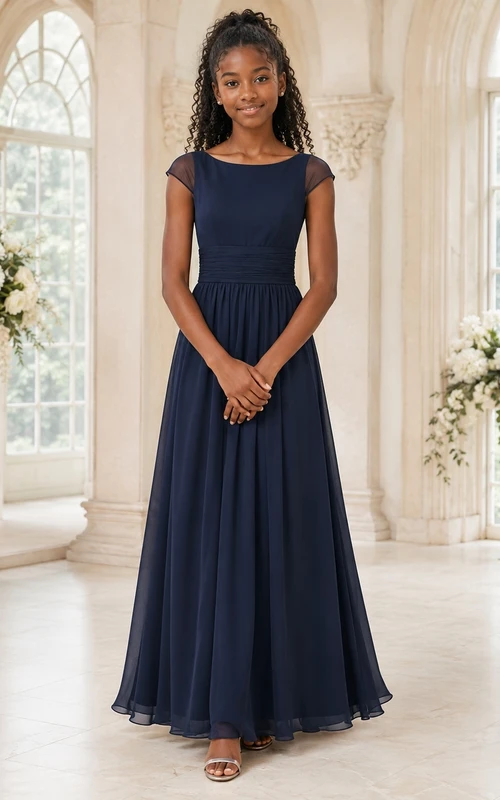 Dunkelblaues Brautjungfernkleid für junge Damen, A-Linie, Rundhalsausschnitt, kurze Ärmel, elegant