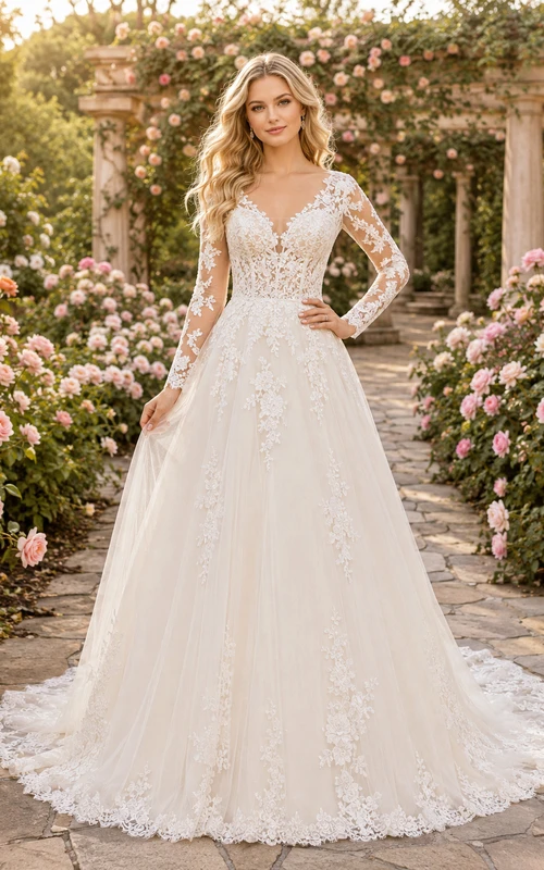 Garten-Hochzeitskleid mit langen Ärmeln, Spitze und A-Linien-Schnitt