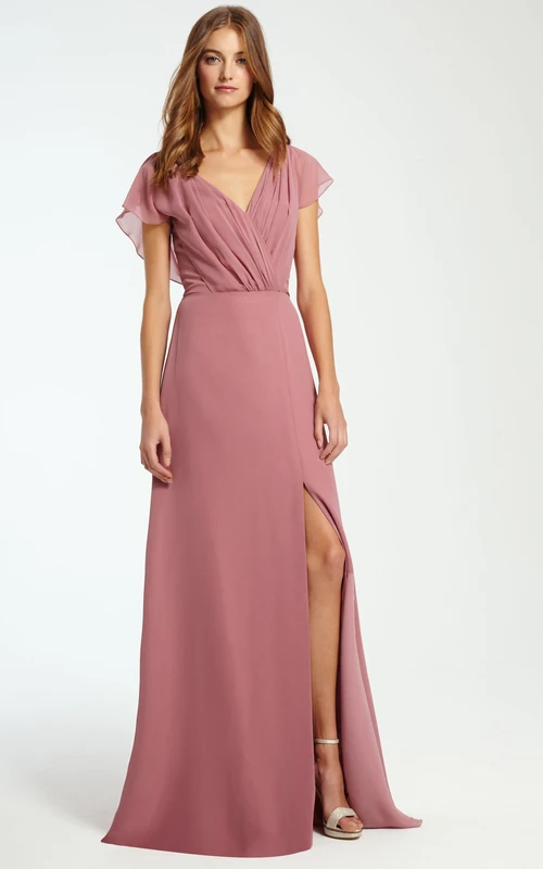 Ärmelloses Chiffon-Brautjungfernkleid mit V-Ausschnitt, Raffungen und Schlitz vorne