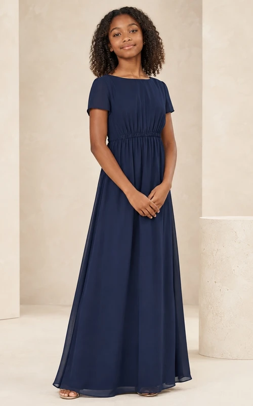 Dunkelblaues Brautjungfernkleid für junge Mädchen, A-Linie, Rundhalsausschnitt, kurze Ärmel, Chiffon, geraffte Taille, schlicht