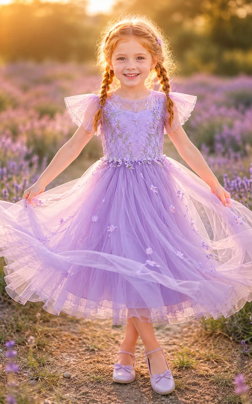 Blumenmädchenkleid aus lavendelfarbenem Tüll, A-Linie, Rundhalsausschnitt, Teelänge