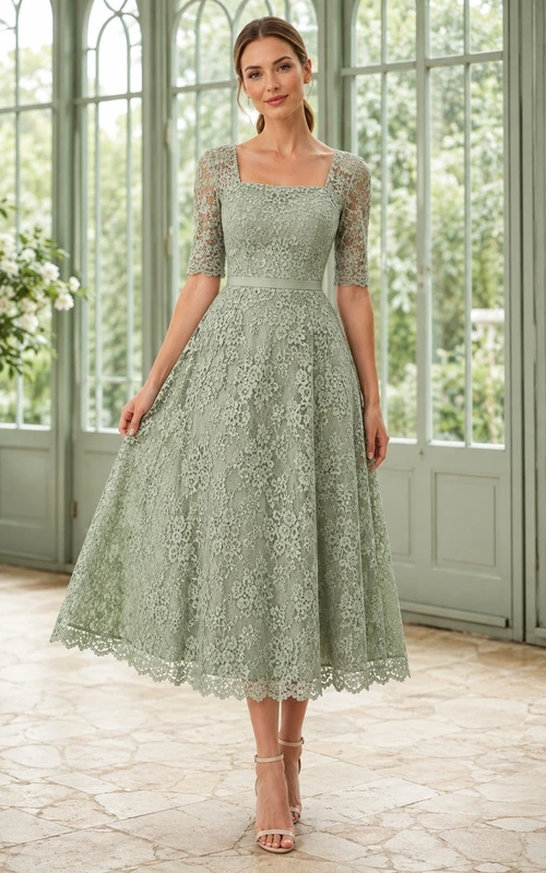 Modest Sage Tea-Length Lace A-Line Square Neck Half Sleeve Dress