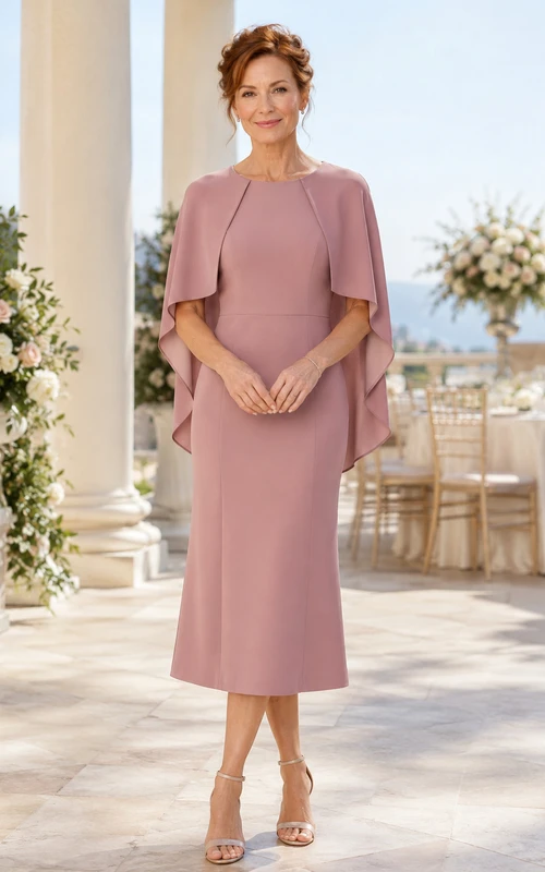 MOB-Kleid aus altrosafarbenem Chiffon-Jersey, Etuikleid, lange Ärmel, U-Boot-Ausschnitt, knielang, Cape-Ärmel-Detail