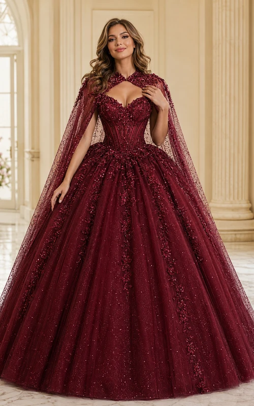 Burgundy Luxury Removable Crystal Cape High Neck Quinceanera Princess Ball Gown