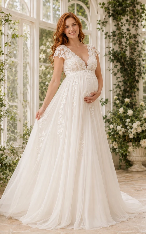 Maternity Cap Sleeve Lace A-Line Greenhouse Wedding Dress