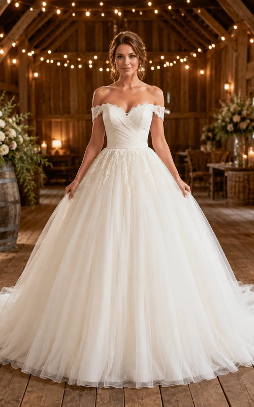 Vestido de novia de tul estilo princesa con hombros descubiertos, cola larga, detalle de volantes y escote en V bajo.