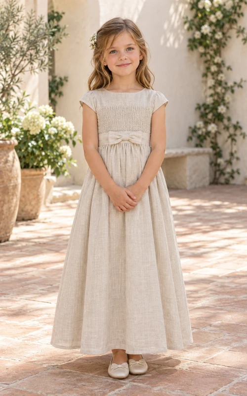 Simple Country Cream Bateau Cap Sleeve Smocked Bow Linen Flower Girl Dress