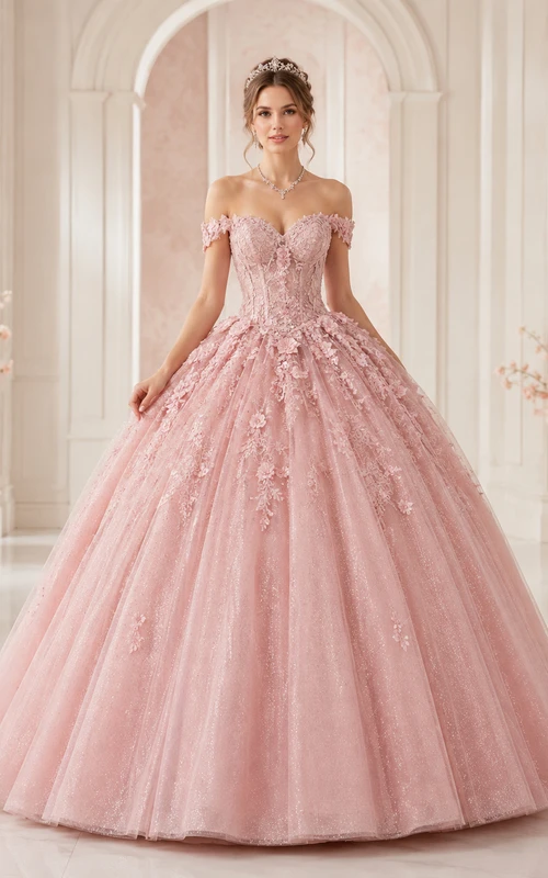 Lujoso vestido de fiesta largo hasta el suelo de encaje y tul con estampado floral rosa perla y escote corazón, ideal para quinceañeras.
