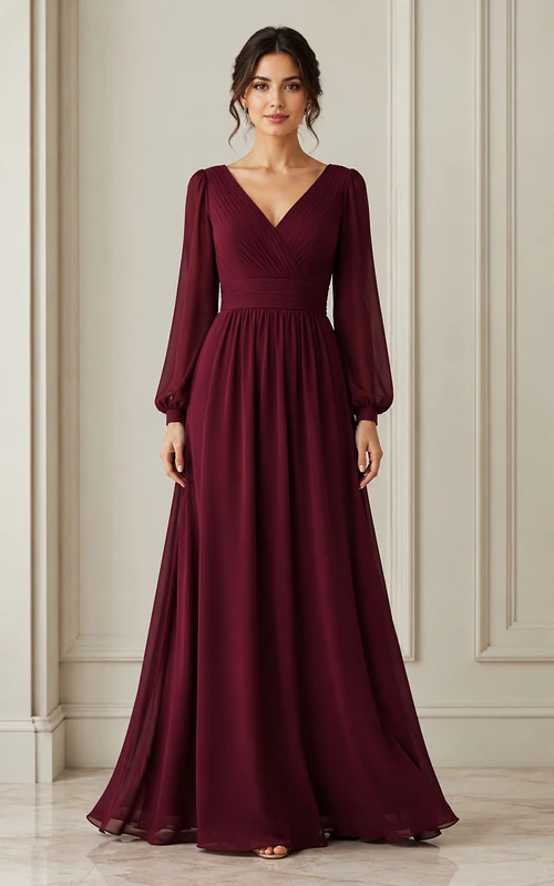 Robe de soirée bordeaux en mousseline à manches longues et col en V