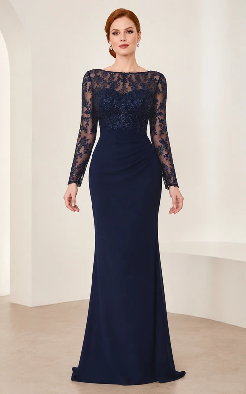 Dark Navy Illusion Lace Long Sleeve Evening Dress