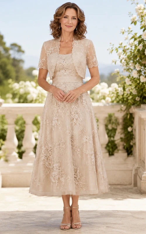 Champagne Tea-Length A-Line Romantic Mother of the Bride Lace Cocktail Dress with Sweetheart Neck Short Sleeve Bolero