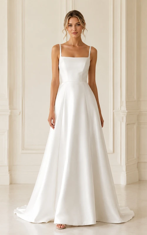 Robe de mariée longue en satin à fines bretelles, col carré et décolleté en V plongeant, fermeture éclair.