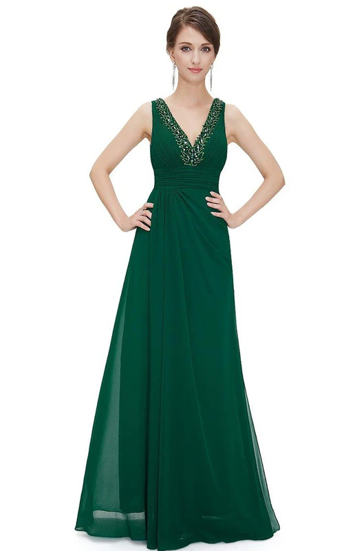 Robe en mousseline de soie sans manches à col en V et coupe trapèze, ornée de perles