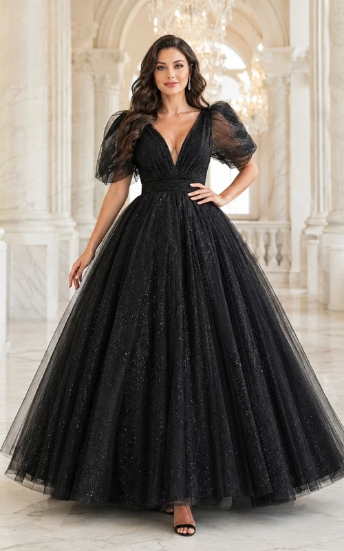 Black V-Neck Puff Sleeve Tulle Ball Gown Evening Dress