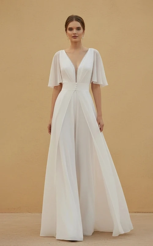 Hochzeitsjumpsuit mit V-Ausschnitt, kurzen Tüllärmeln, Zierde an der Taille und weitem Bein