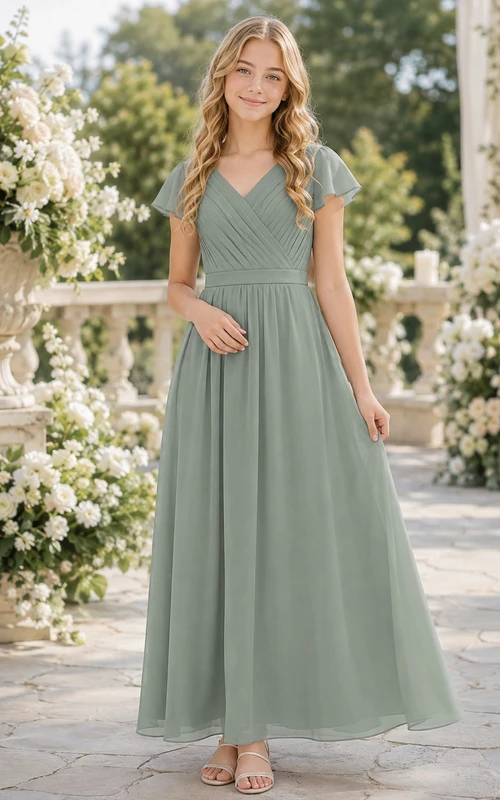 Celadonfarbenes Brautjungfernkleid für junge Damen, A-Linie, V-Ausschnitt, kurze Ärmel, plissiert, elegant
