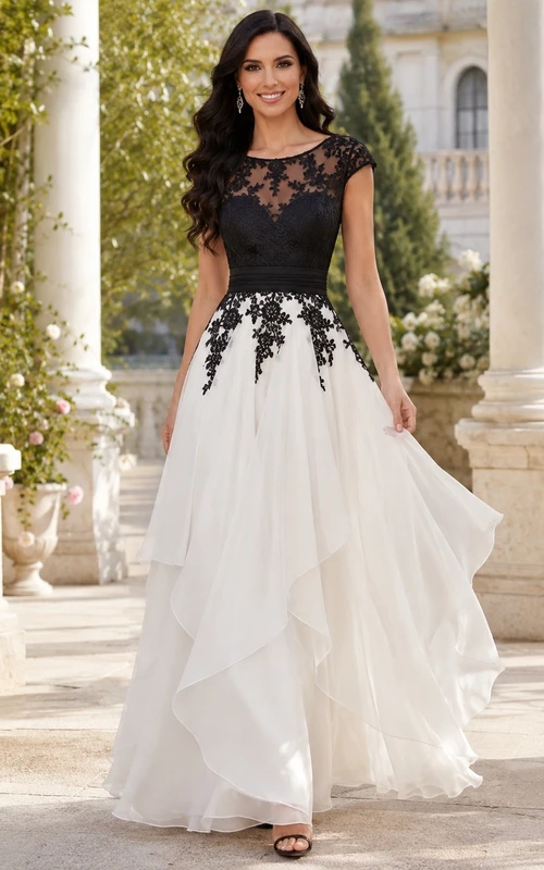 Romantisches, bodenlanges, formelles Kleid aus schwarzem und weißem Tüll in A-Linie mit Rundhalsausschnitt und kurzen Ärmeln