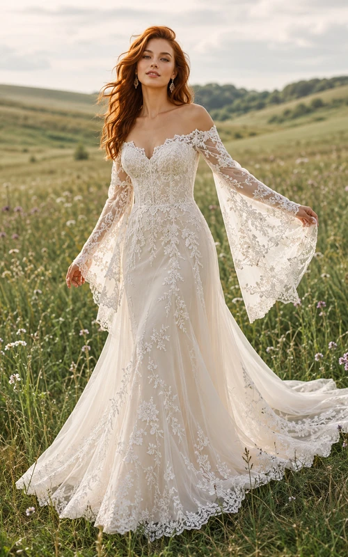 Bohemian Off-Shoulder Bell Sleeve Lace Prairie Chapel Wedding Bridal Gown