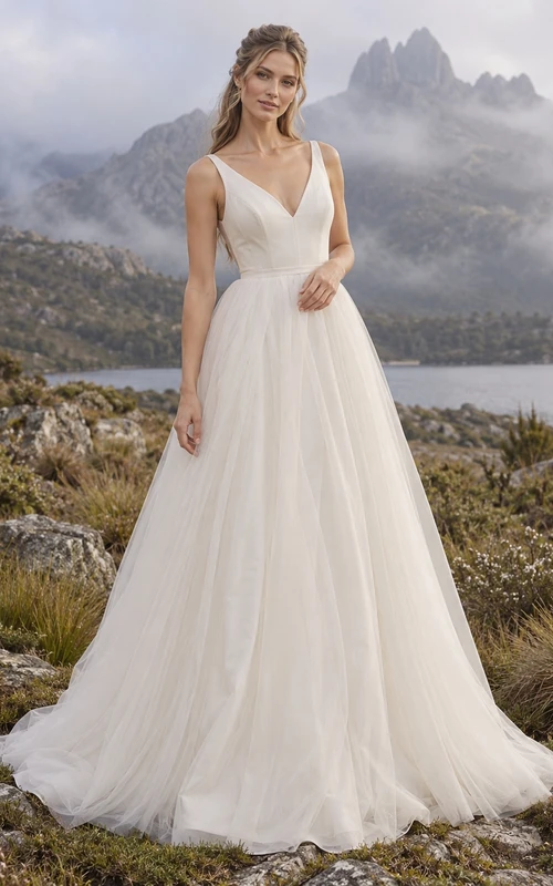 Schlichtes, ärmelloses Brautkleid aus Tüll in A-Linie mit V-Ausschnitt und bodenlanger Silhouette