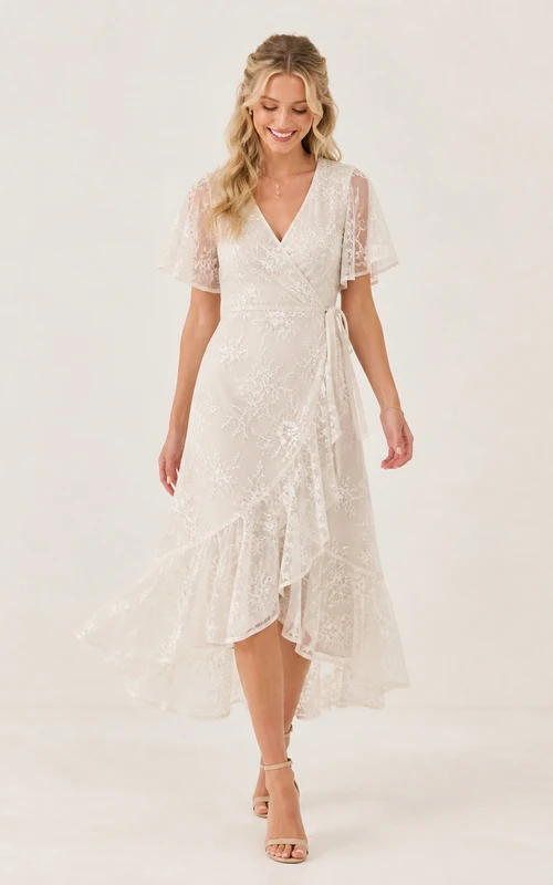Boho-Hochzeitskleid mit asymmetrischem V-Ausschnitt, kurzen Ärmeln und Rüschen aus Spitze