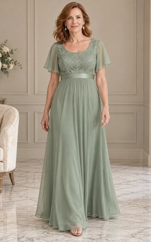 Vestido de gasa de corte imperio, largo hasta el suelo, con escote redondo, encaje y mangas con volantes, ideal para la madre de la novia.