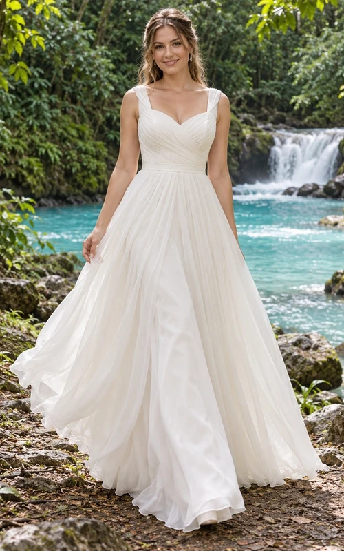 Schlichtes Chiffon-Brautkleid mit V-Ausschnitt, Wickeloberteil und fließendem A-Linien-Rock