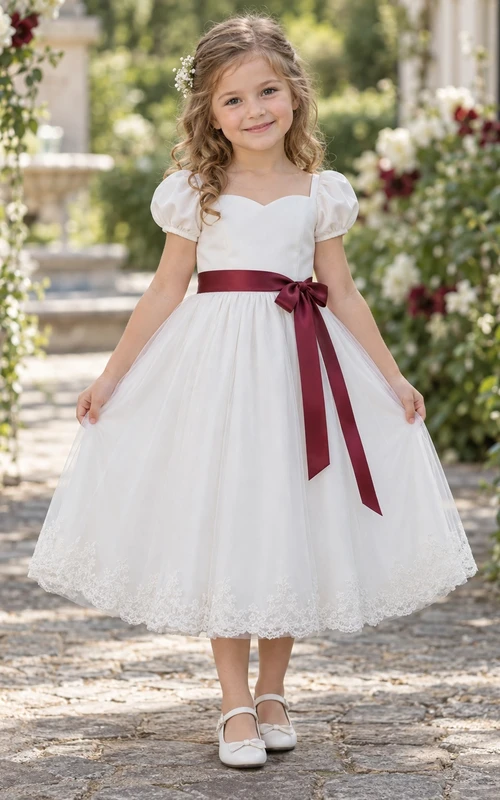 Vestido de niña de flores blanco de corte A con tul, mangas abullonadas, escote corazón, dobladillo de encaje y fajín burdeos.