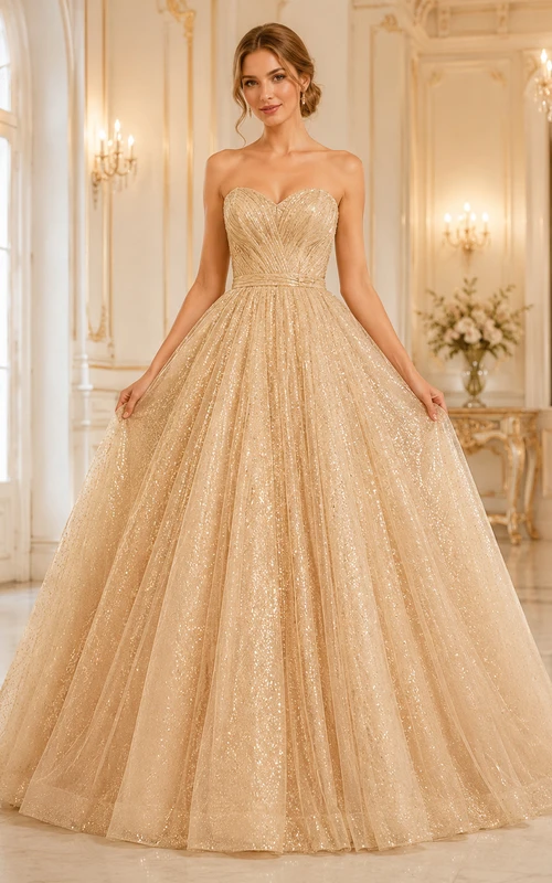 Vestido de gala de lujo color champán con brillo dorado, largo hasta el suelo, sin tirantes y de tul.