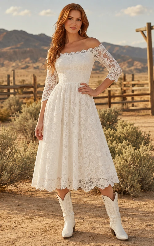 Robe de mariée champêtre vintage en dentelle, épaules dénudées, manches trois-quarts, longueur thé, style western rustique.