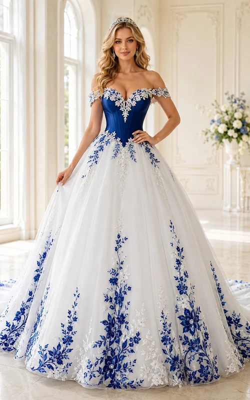 Königsblaues, botanisches Ballkleid mit herzförmigem Ausschnitt, Blütenblattärmeln und Tüll – romantisches Brautkleid für die Kapelle