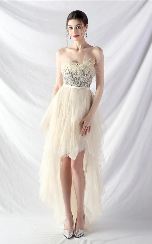 Vestido de noche cruzado con escote, adornado con plumas de avestruz, cuentas florales y malla de gasa, corto por delante y largo por detrás.