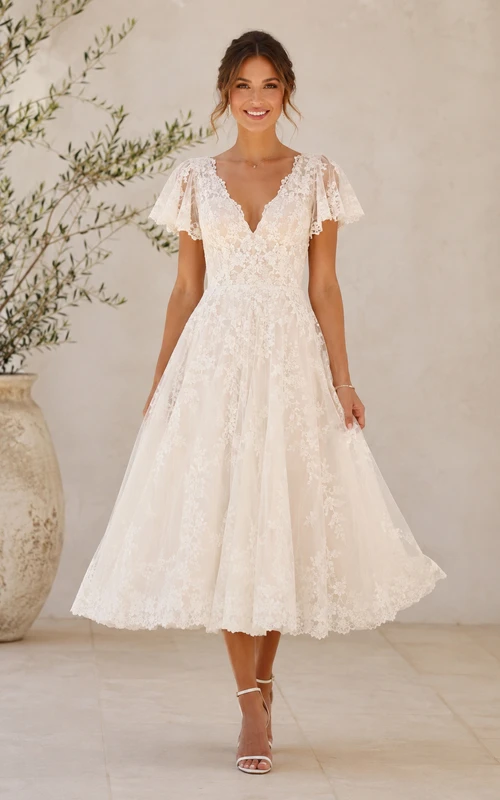 Ivory Tea-length V-neck Tulle A-line Wedding Dress with Lace