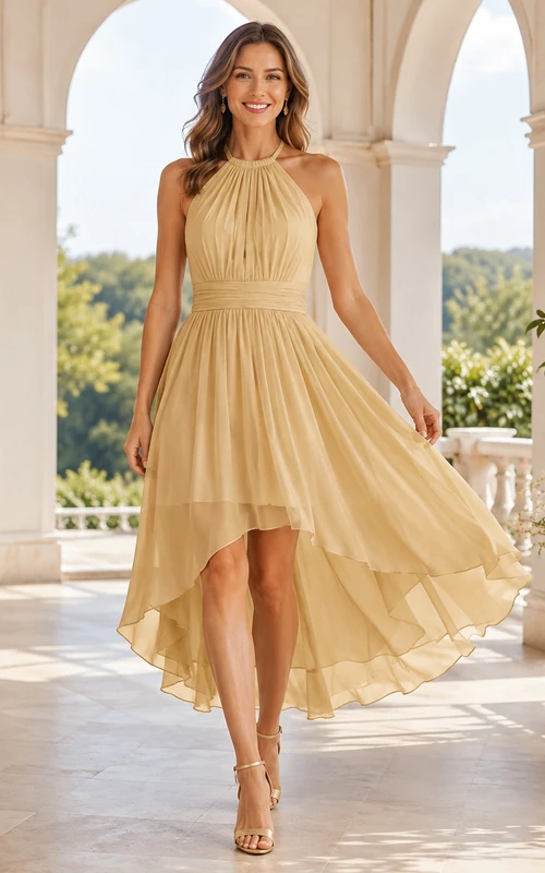 Romantisches goldenes Neckholder-Cocktail-Abendkleid aus plissiertem Chiffon mit asymmetrischem Saum