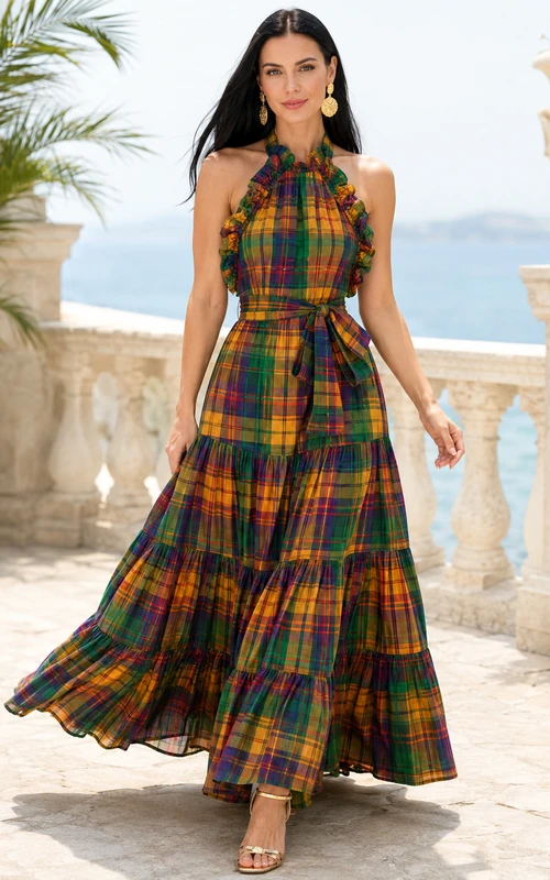 Dunkelgrünes Madras-Sommerkleid in A-Linie, bodenlang, mit Neckholder und Stufenrock