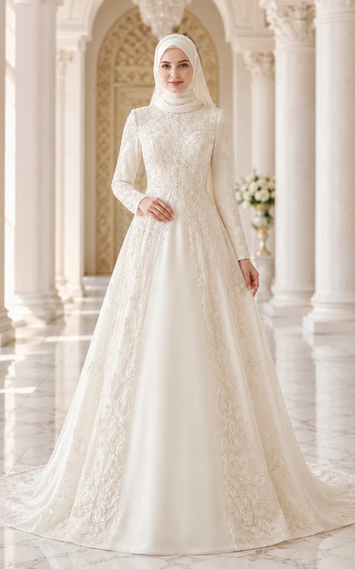 Vestido de novia musulmán modesto, monocromático, bordado, de manga larga, para capilla.