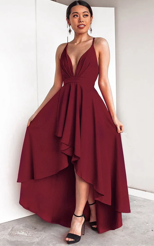 Vestido de noche sexy de corte A con escote pronunciado y corte asimétrico