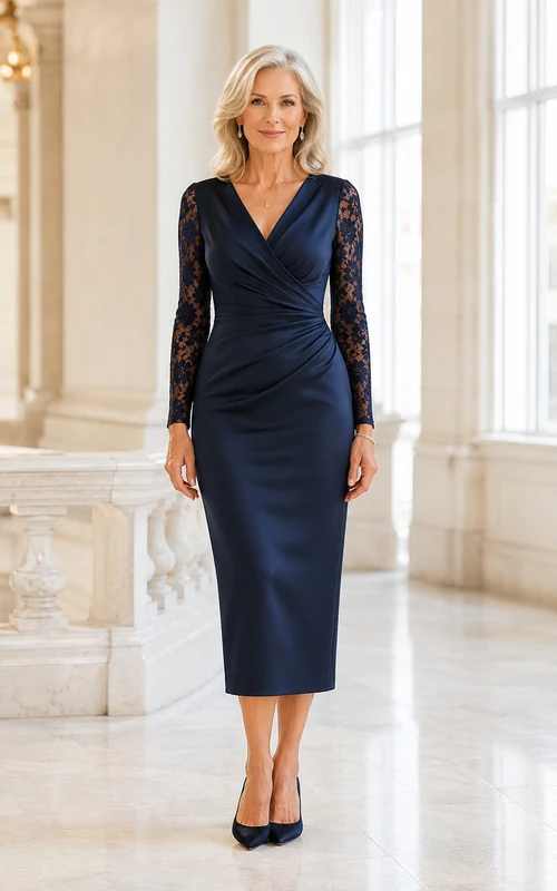 Robe MOB bleu marine foncé en dentelle et satin stretch, fourreau, manches longues, col en V, longueur genou, froncée