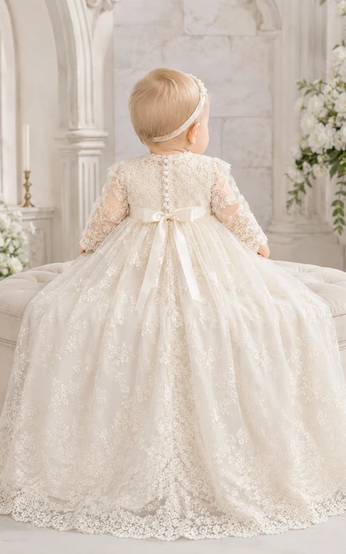Baptism Gown A-Line Lace Tulle High Neck Long Sleeve Scalloped Hem