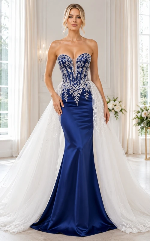 Königsblaues, drapiertes Cape, Meerjungfrauen-Stil, ärmelloses, modernes Brautkleid aus Stretch-Satin mit Herzausschnitt