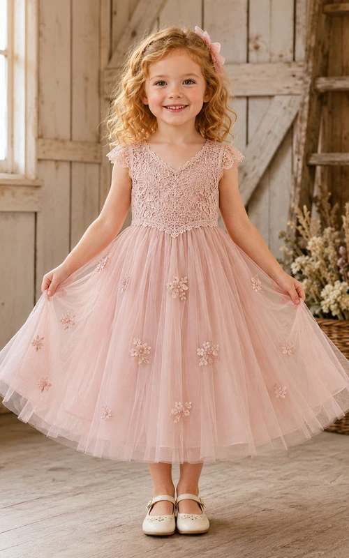 Flower Girl Dress Blush Lace Tulle A-Line Scoop Neck Tea Length