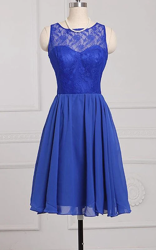 A-line Knee-length Scoop Sleeveless Zipper Chiffon Lace Dress