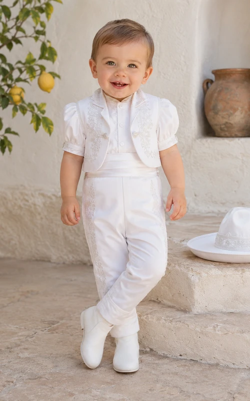 Romantisches weißes Charro-Baby-Taufotoz-Hosenoutfit mit kurzen Puffärmeln und Stickerei