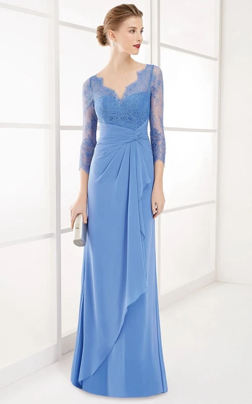 Robe de bal fourreau maxi en mousseline de soie à manches 3-4 et col en V en dentelle avec drapé