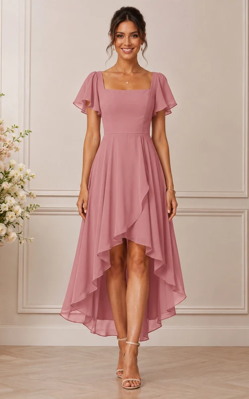 Robe de mariée trapèze asymétrique à manches courtes carrées en mousseline de soie avec volants