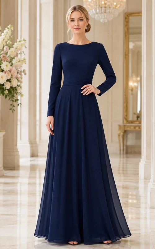 Dark Navy Modest Long Sleeve Jewel Neck A-Line Floor-length Formal Dress