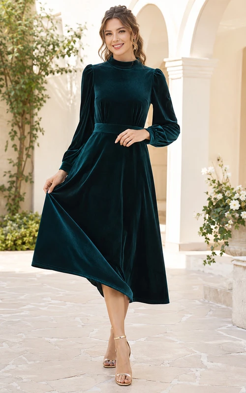 Vestido midi de terciopelo con cuello alto y mangas abullonadas estilo Peacock para invitadas.